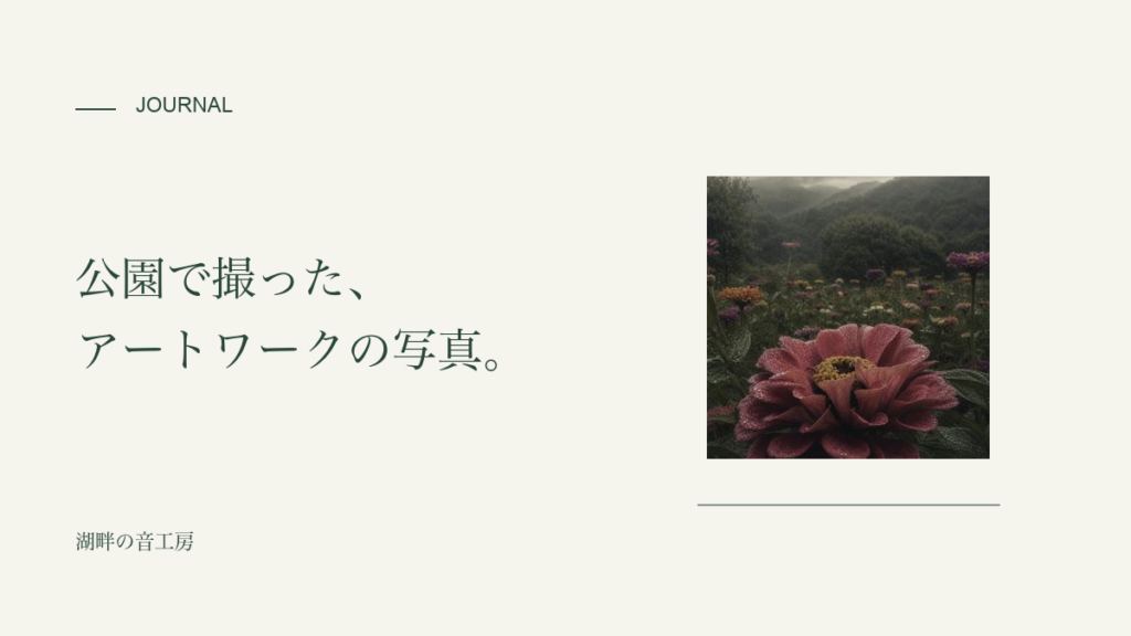 公園で撮った、アートワークの写真。元の花の写真と深緑の見出し。